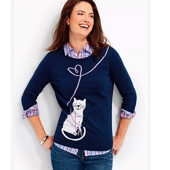 Talbots Petites Dark Blue Sweater With Cat Embroidery Size MP - Picture 1 of 6